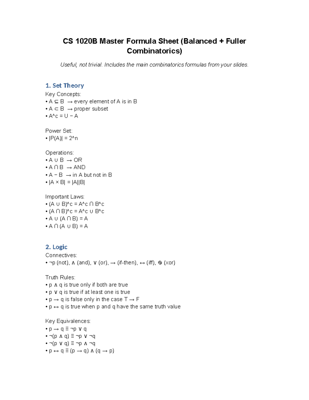 CS 1020B Master Formula Sheet: Expanded Combinatorics Guide - Studocu