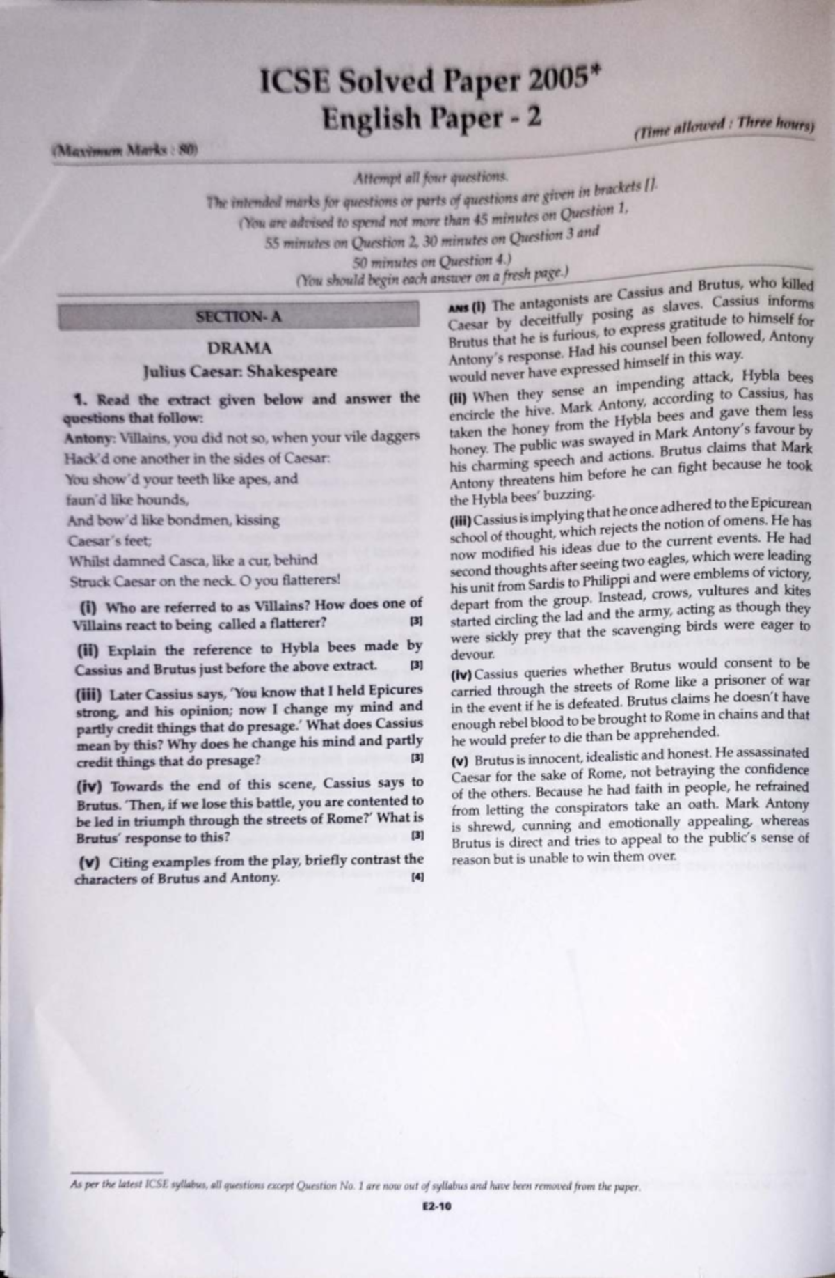 Julius Caesar ICSE English Paper 2 Solved Paper (2005) - Studocu