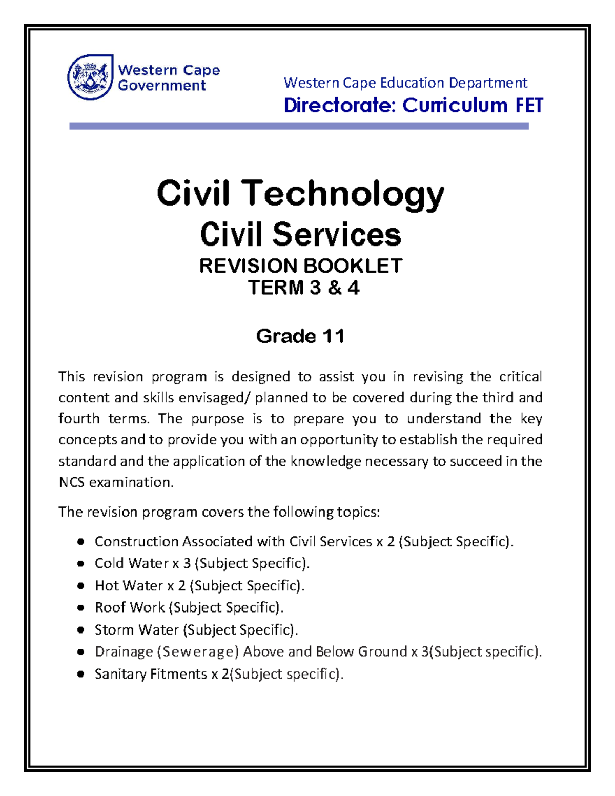 Civil Technology (Civil Services) Gr 11 Revision Pack Term 3 & 4 - Studocu