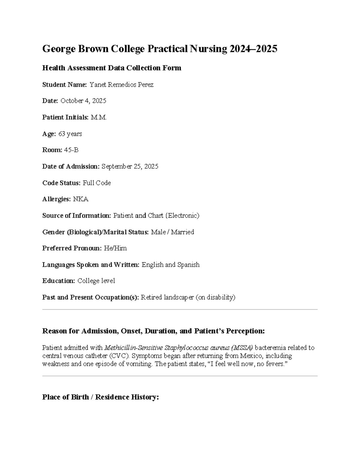 Health Assessment Data Collection Form for PN 2025: Patient M.M. - Studocu
