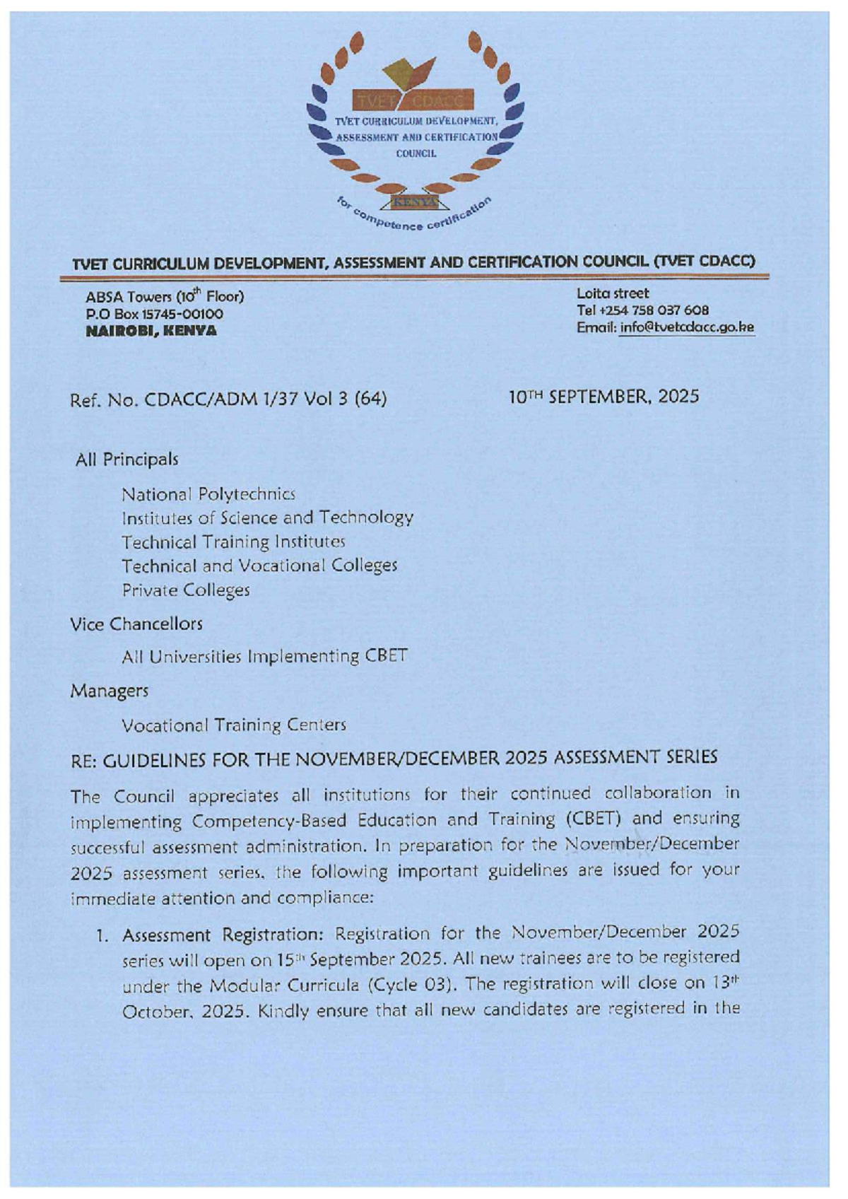 TVET CDACC Guidelines for Nov-Dec 2025 Assessment Series - Studocu
