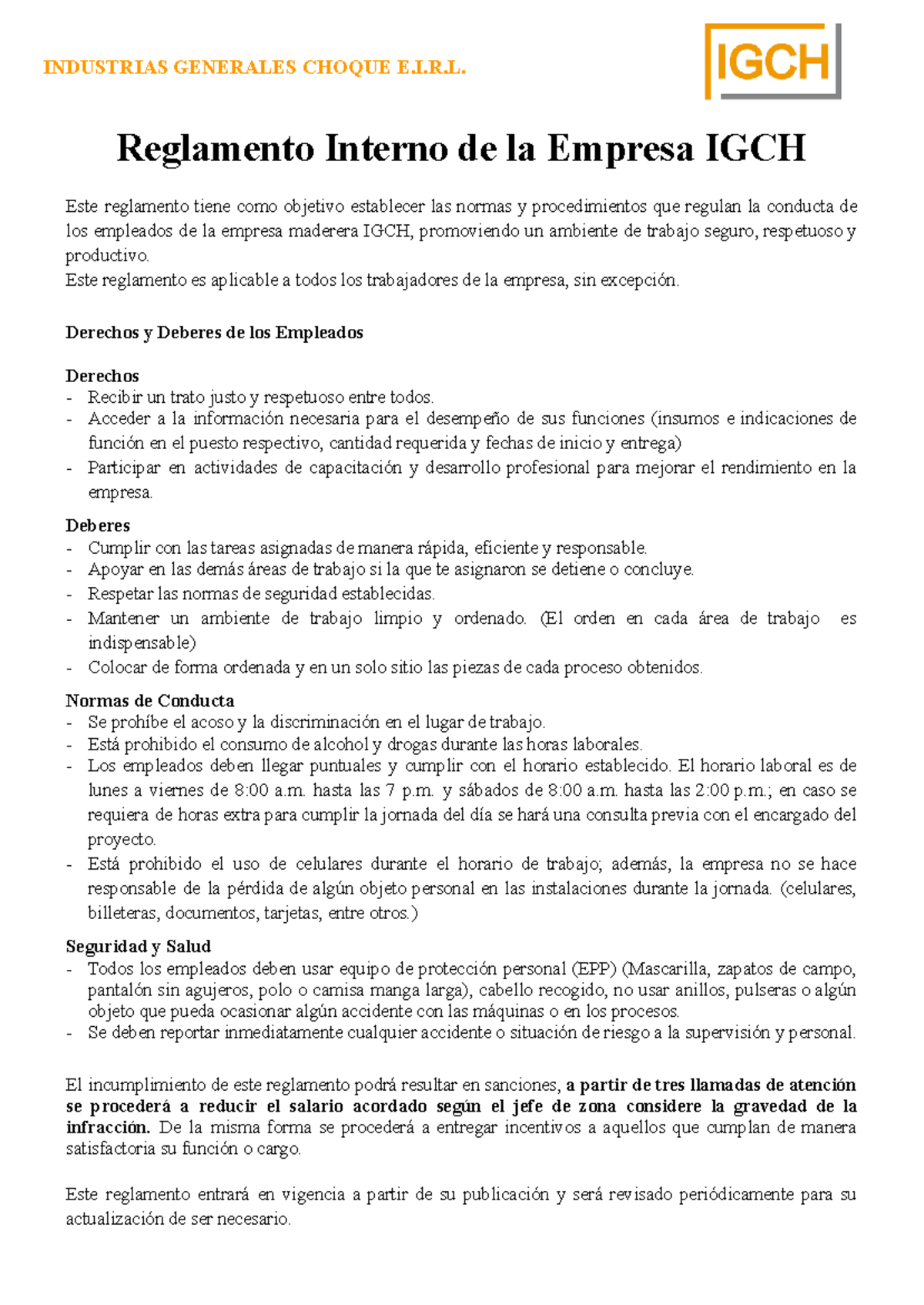 Reglamento Interno IGCH EIRL - INDUSTRIAS GENERALES CHOQUE E.I.R ...