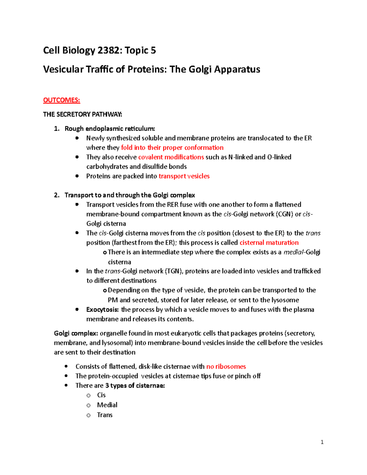 Cell Biology 2382 Final Exam Notes on Vesicular Traffic & Golgi ...