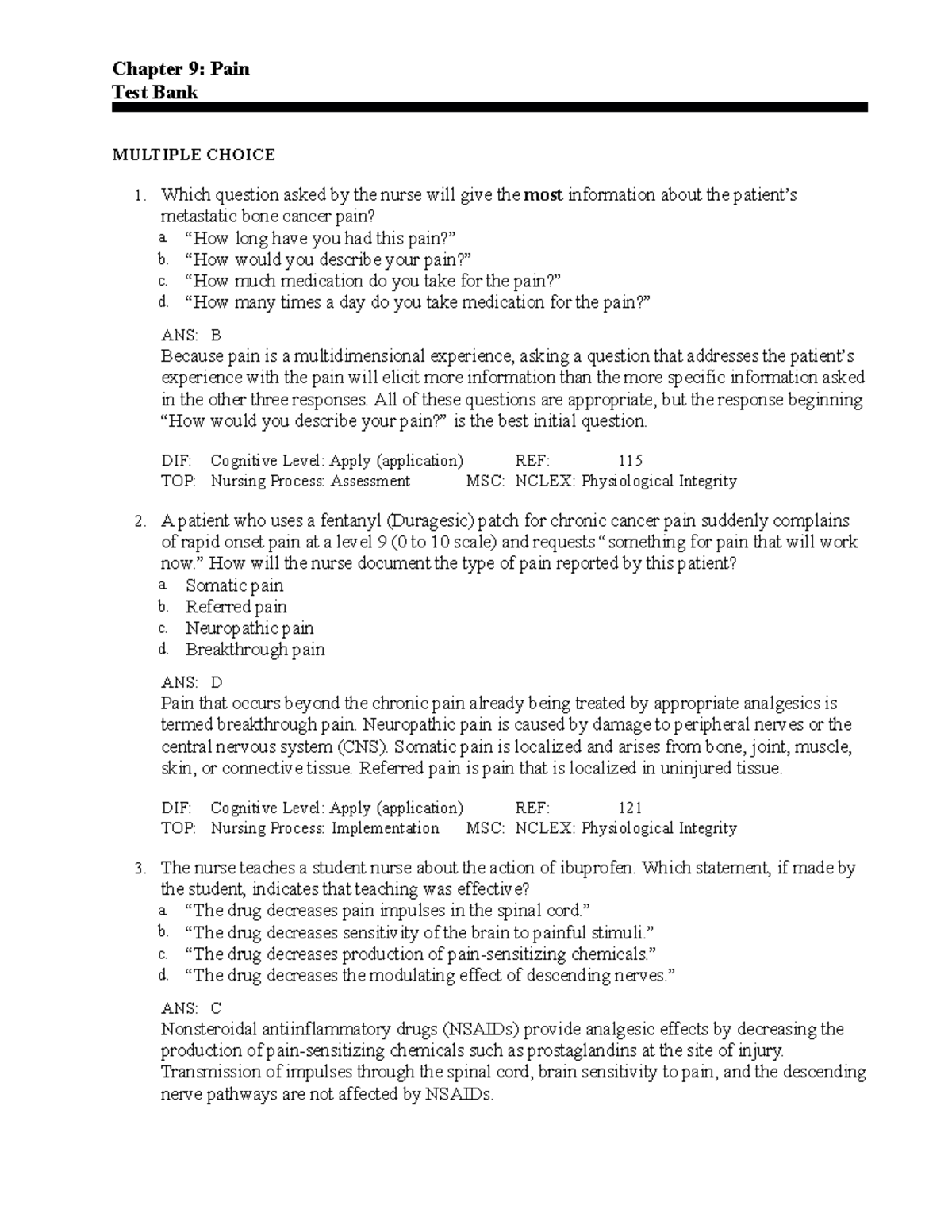 Ch9 - Nursing Practice Questions on Pain Management and Assessment ...