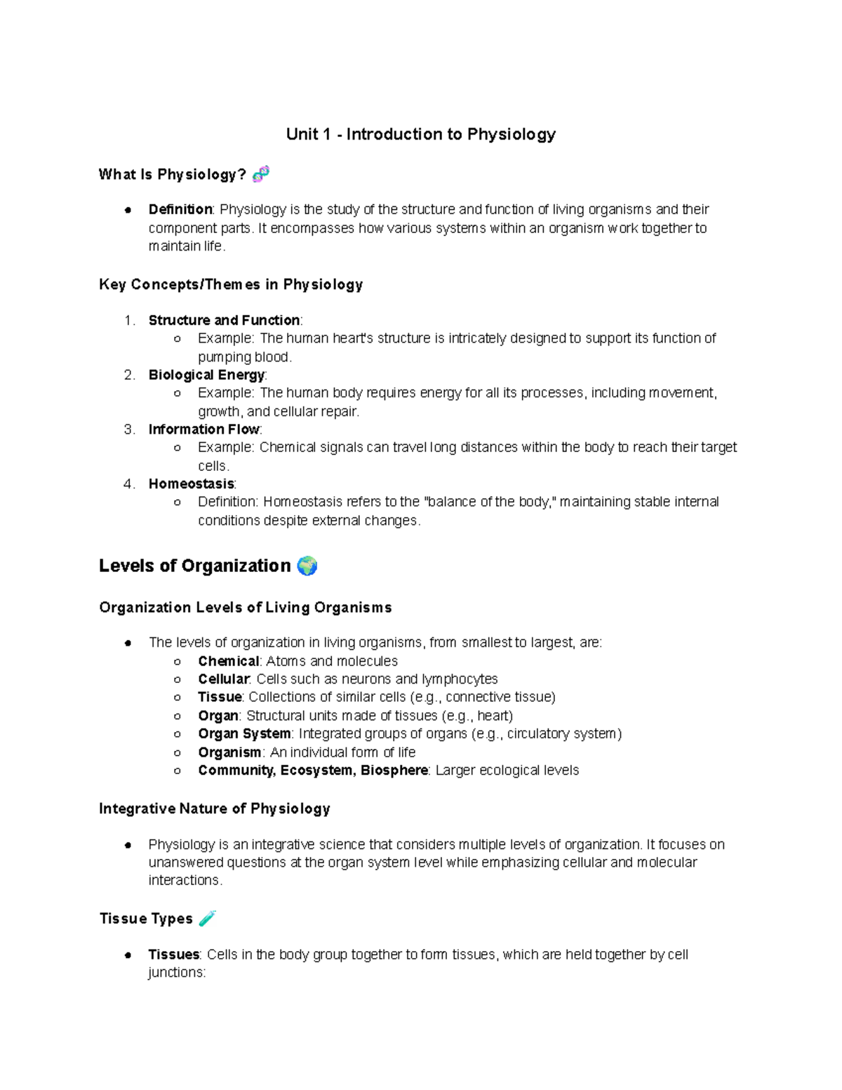 BIOL 273 Lecture Note Summaries: Units 1-3 Overview of Physiology - Studocu