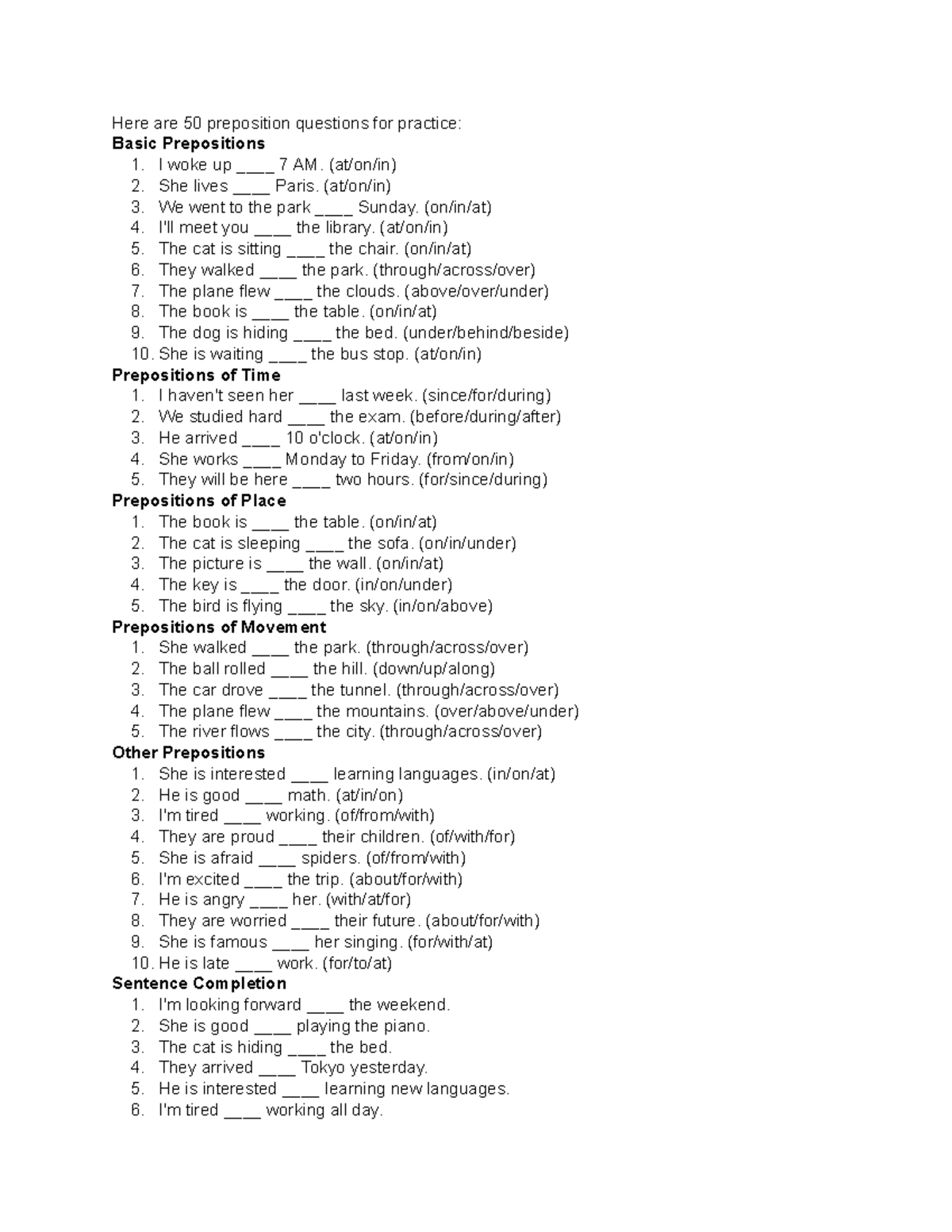 50 Preposition Practice Questions for English Learners - Studocu