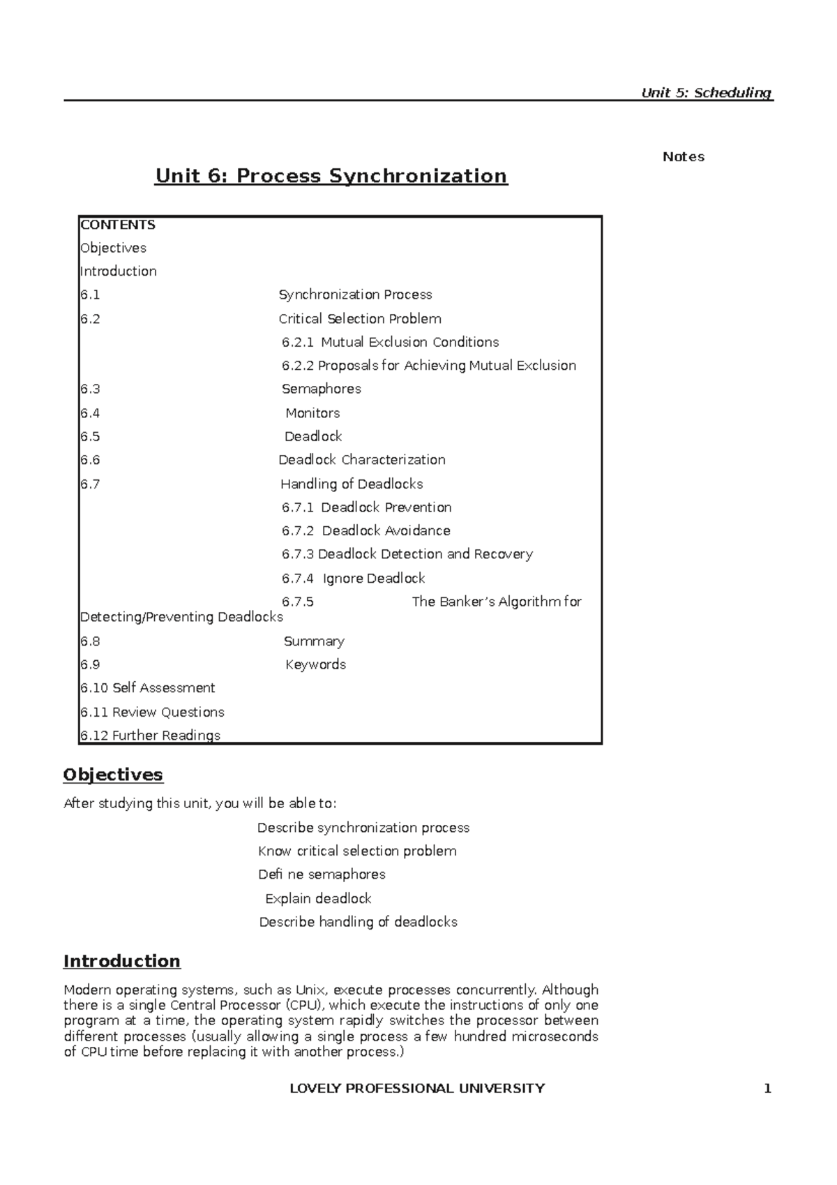 Os 6 - os notes - Unit 5: Scheduling Notes Unit 6: Process ...