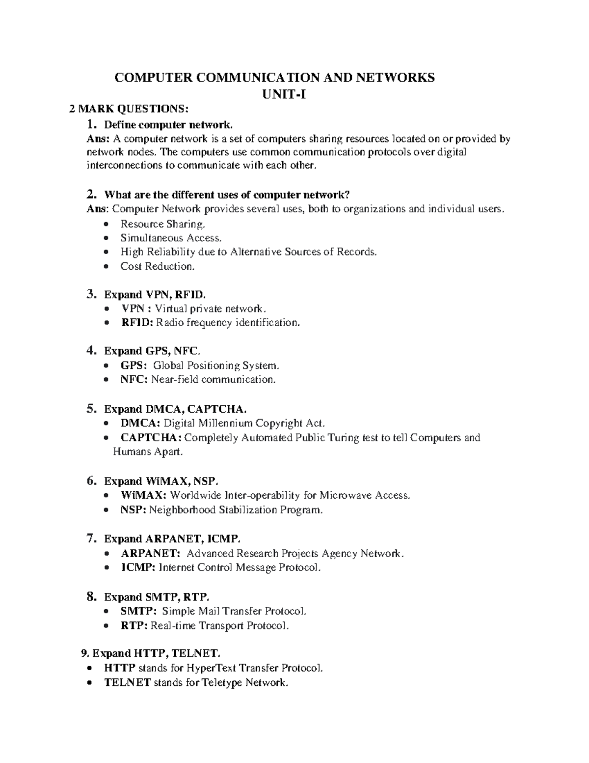 CCN - I UNIT - Notes on Computer Communication and Networks Concepts ...