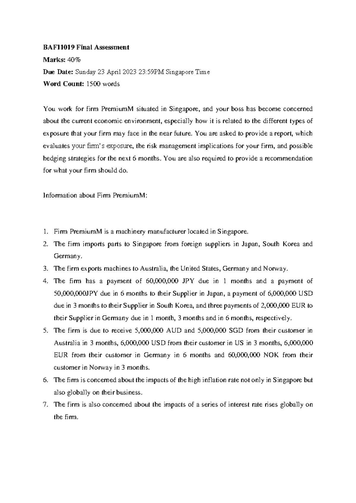 BAFI1019 S1 2023 Final Assessment Report on Firm Risk Management - Studocu