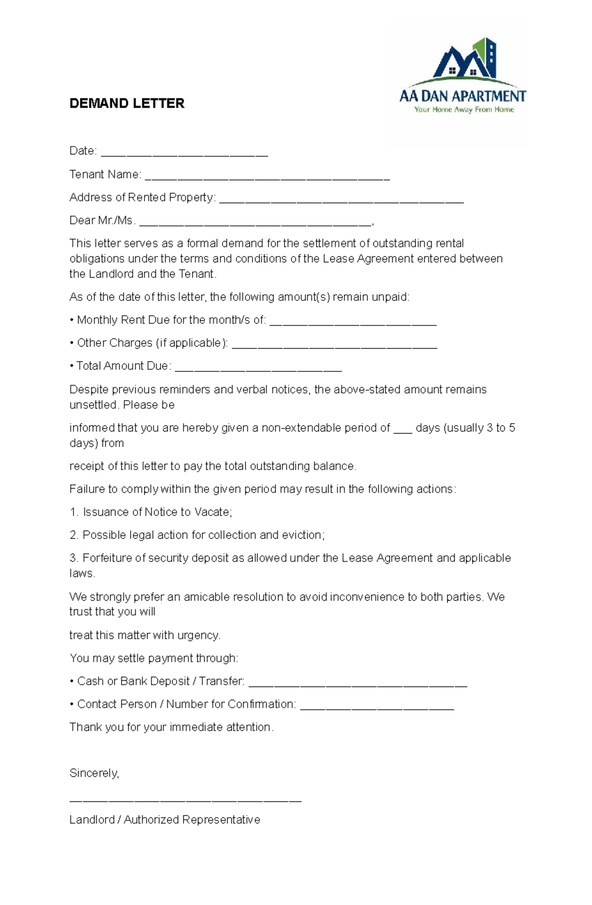 Demand Letter for Outstanding Rent Obligations - Studocu