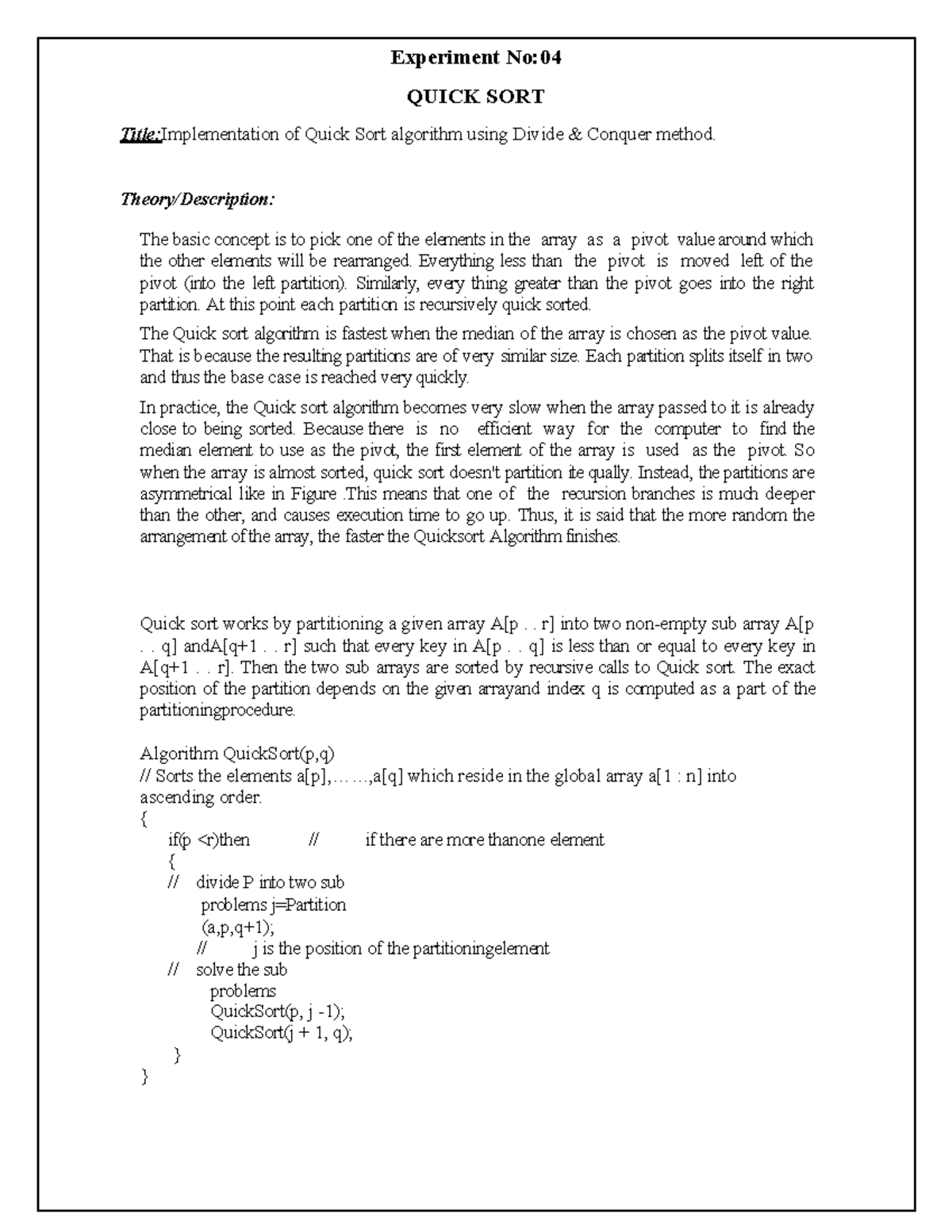 Experiment No4 - CA Practical: Quick Sort Algorithm Analysis - Studocu