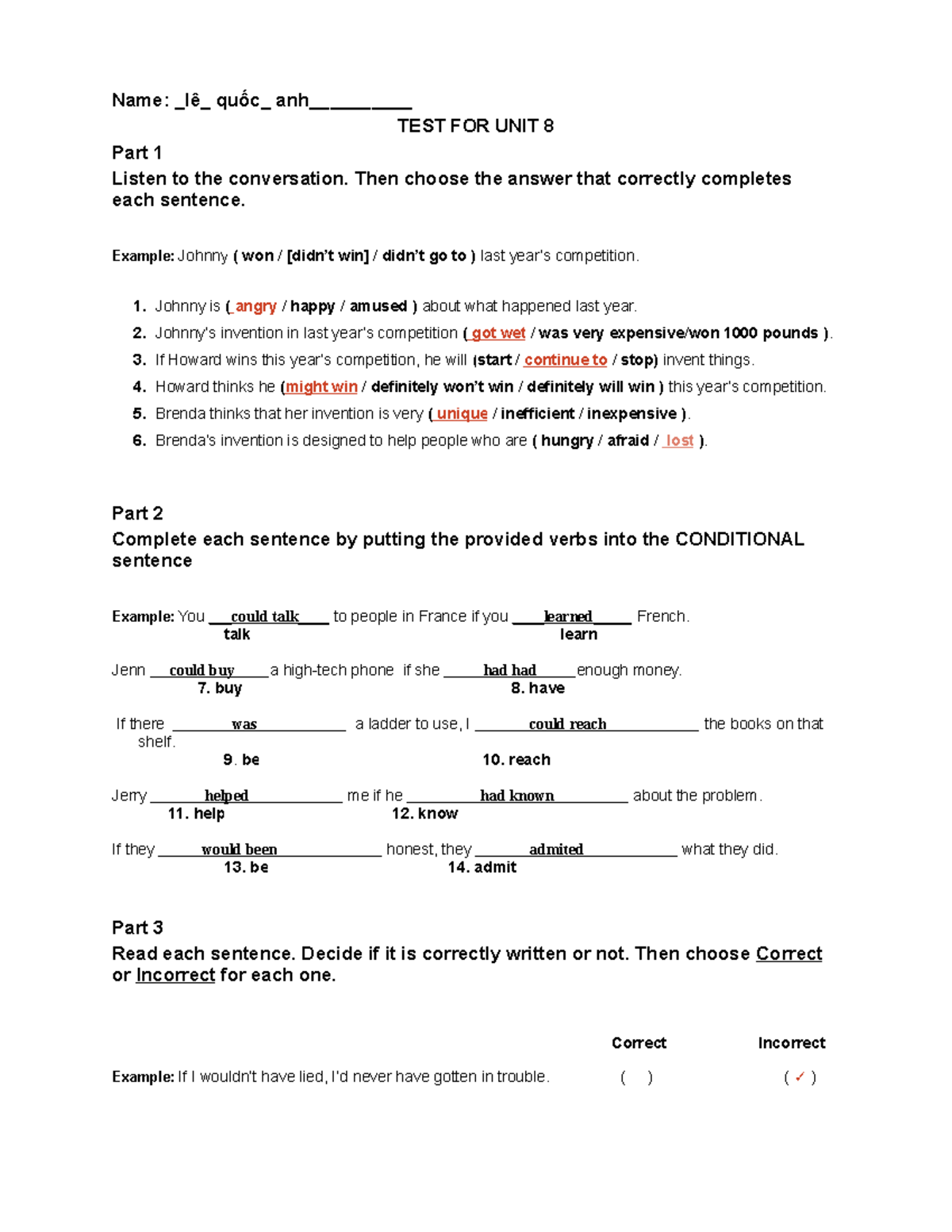UNIT TEST 8 - programming - Name: lê quốc_ anh__________ TEST FOR UNIT ...