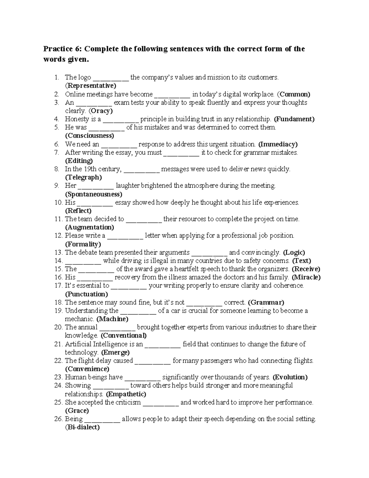 Vocabulary Practices Cuối Kì: Sentence Completion Exercises - Studocu