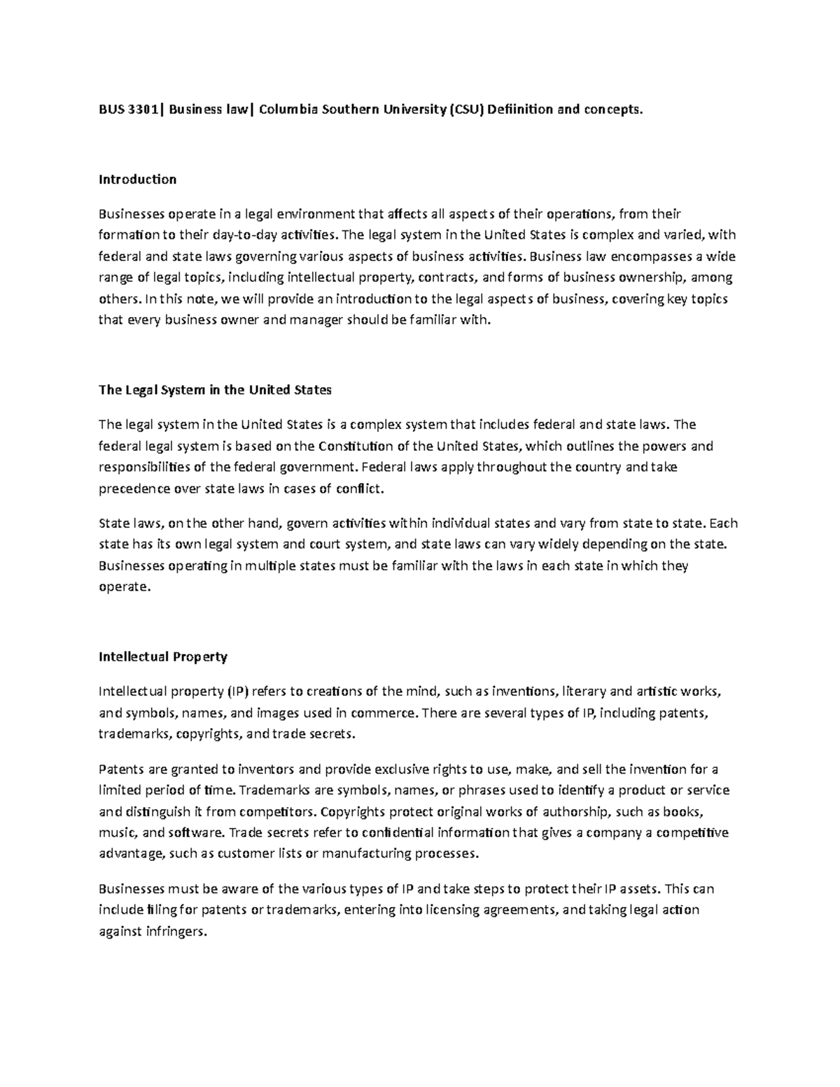 BUS 3301 Introduction to Business Law Concepts and Guidelines - Studocu