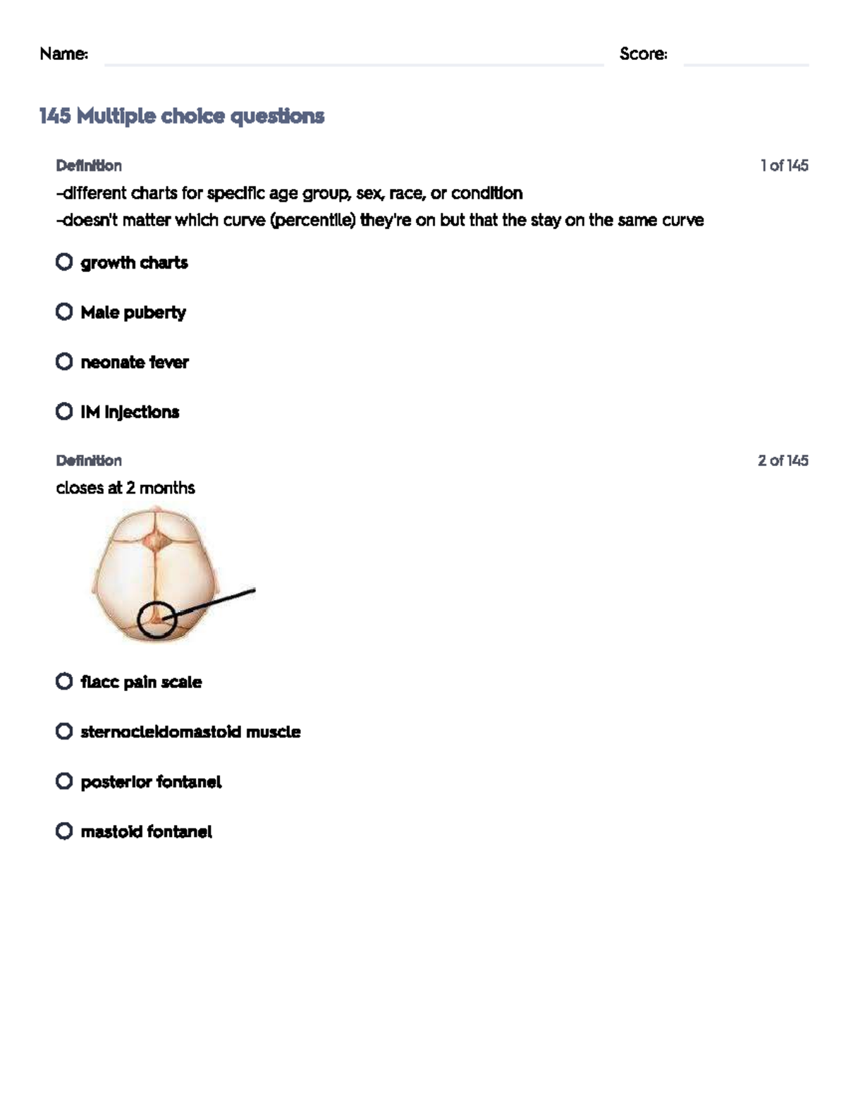 Peds ATI 2 Q - Ati exam - Name: Score: 145 Multiple choice questions ...