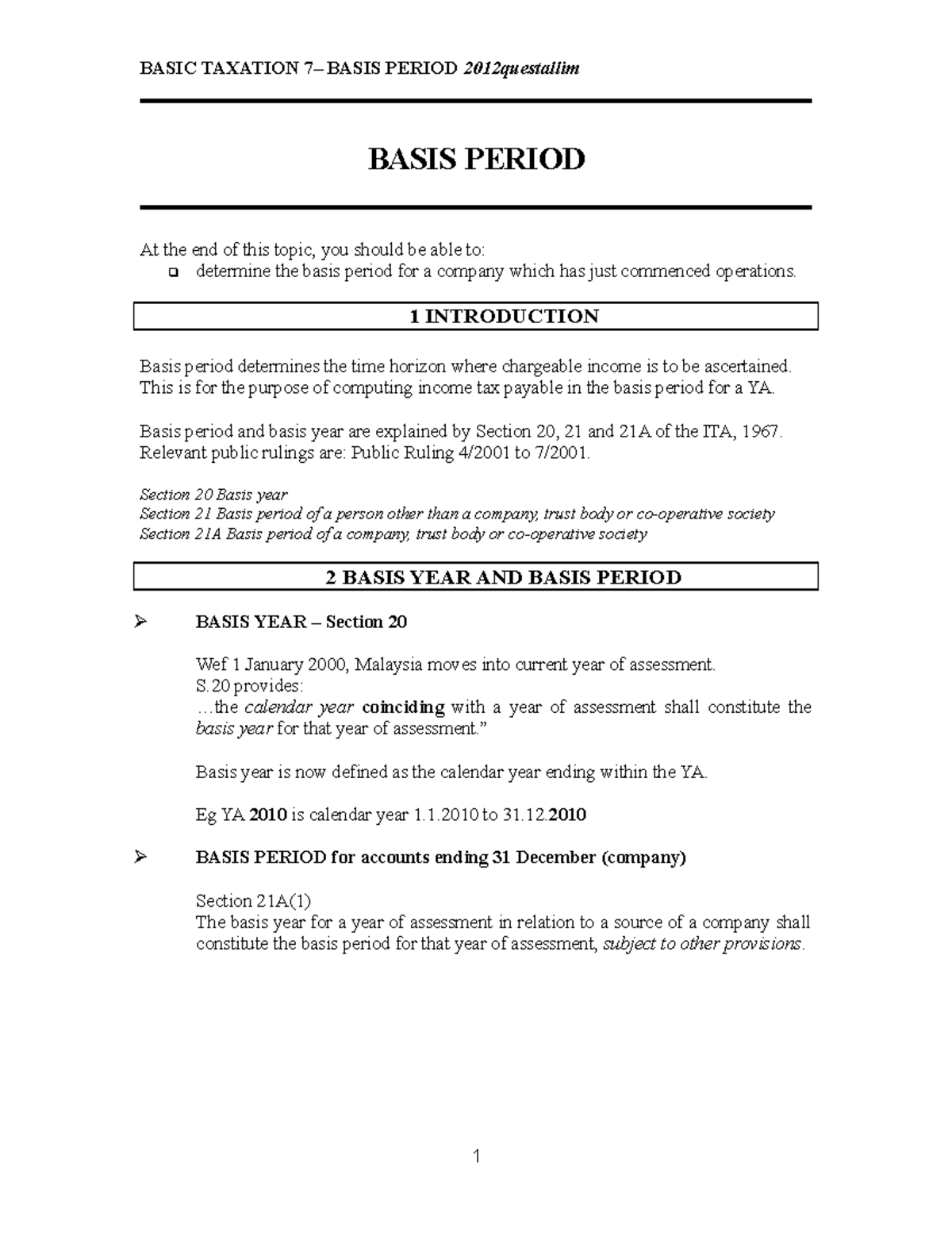 Malaysian Taxation - Lecture 7: Understanding Basis Periods - Studocu