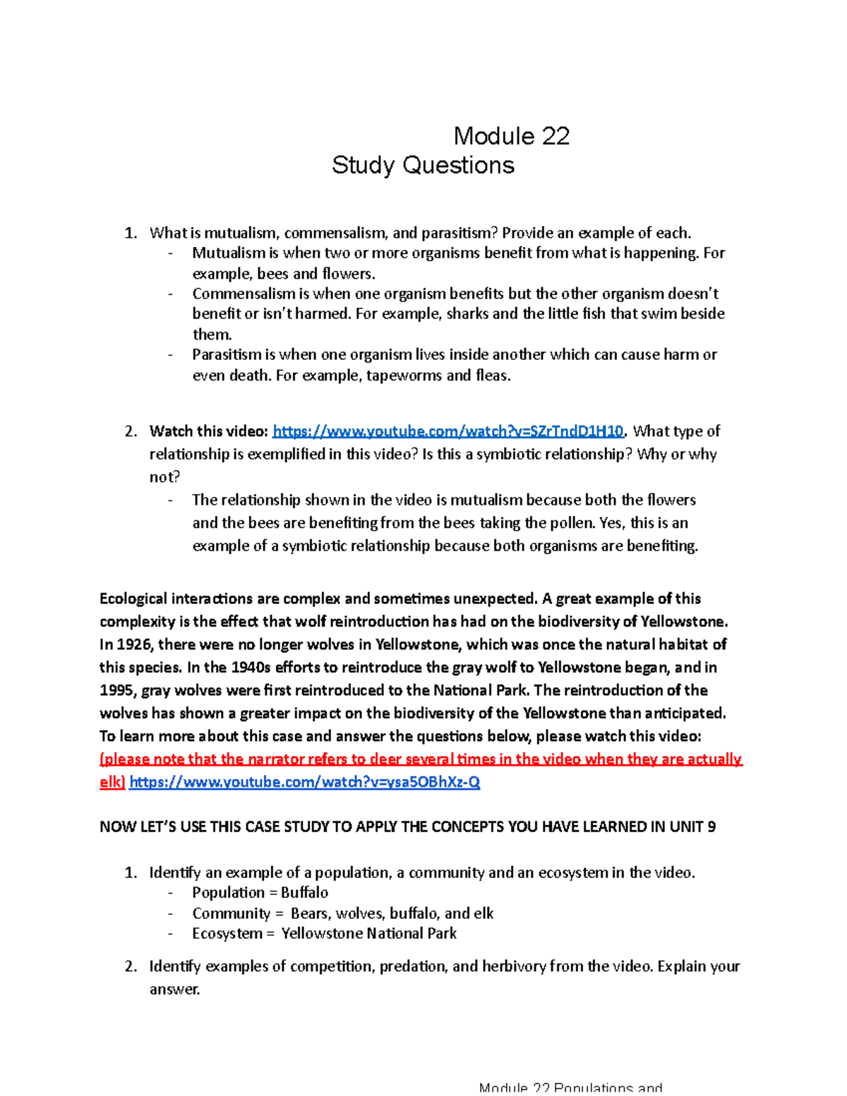 Module 22: Study Questions on Ecological Interactions and Case Study ...