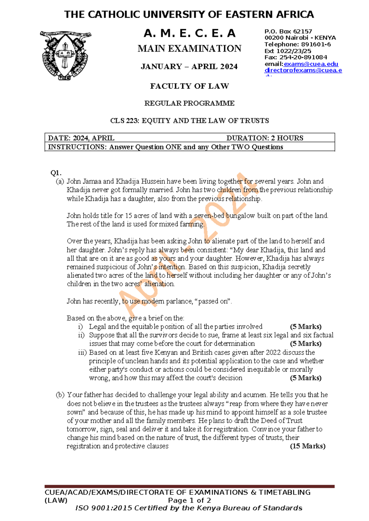 CLS 223: Equity and Law of Trusts - Main Exam January-April 2024 - Studocu
