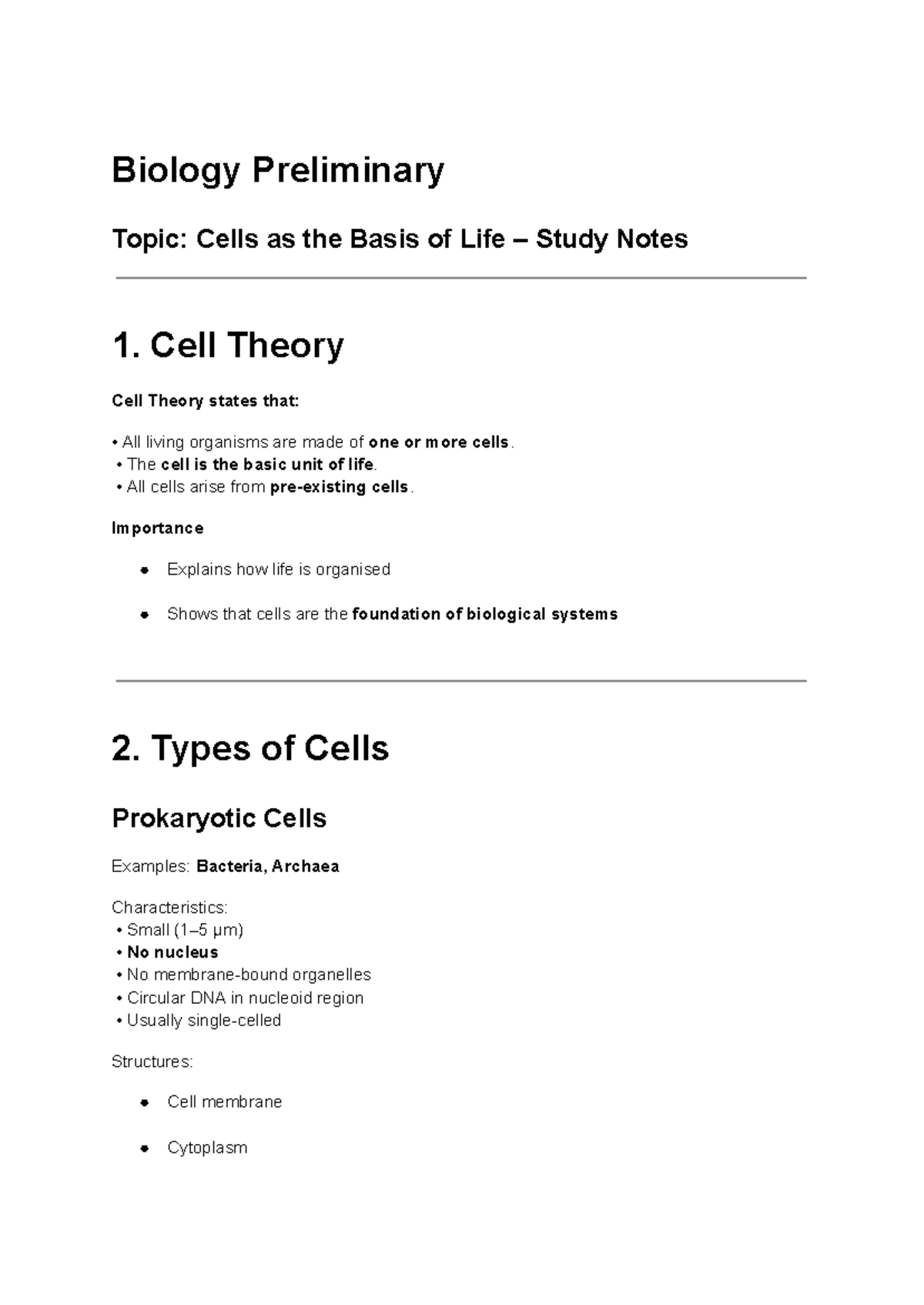 Biology 101: Cells as the Basis of Life Study Notes - Studocu