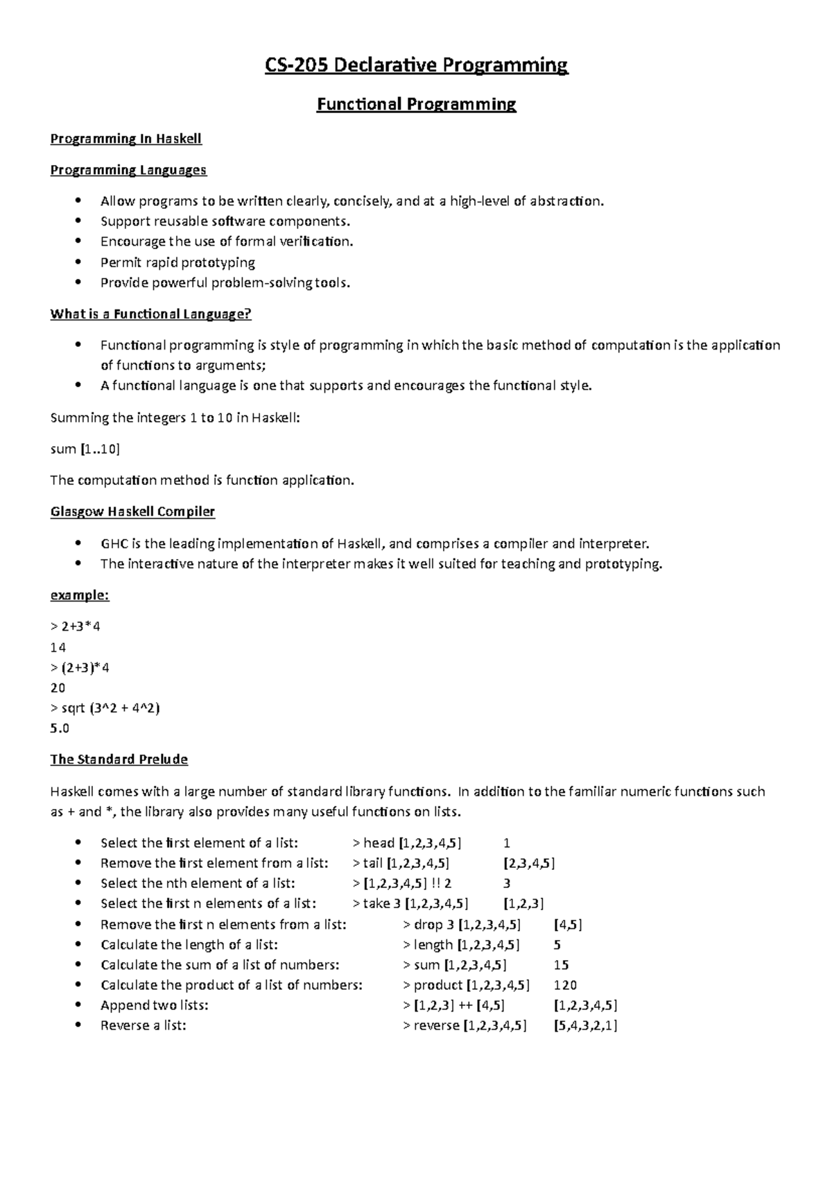 Cs 205 notes - the whole module - CS-205 Declaraive Programming ...
