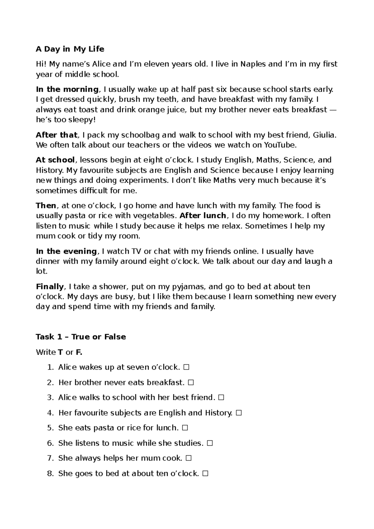 A Day in My Life: A Glimpse into Alice's Daily Routine - Studocu