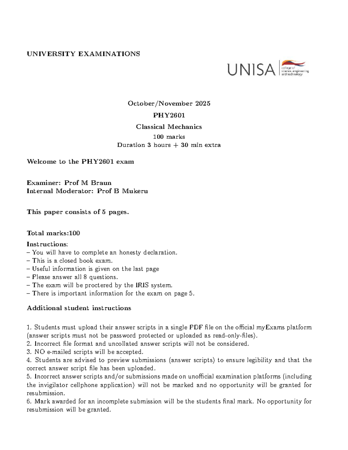 PHY2601 Final Exam Guidelines and Instructions 2025 - Studocu