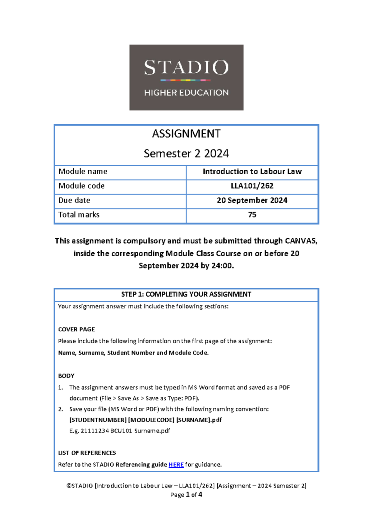 LLA101 Assignment - Introduction to Labour Law, Semester 2 2024 - Studocu