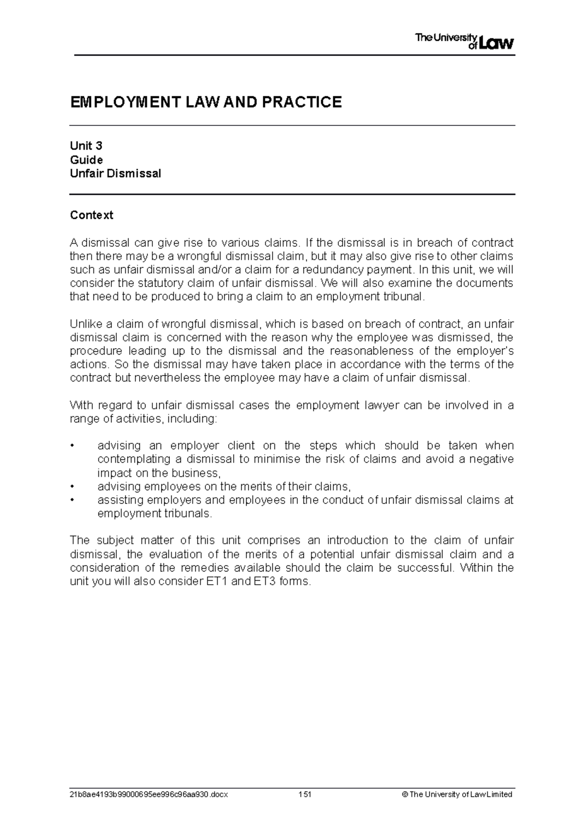 WS3 - Unfair Dismissal Guide and Tribunal Claim Insights - Studocu
