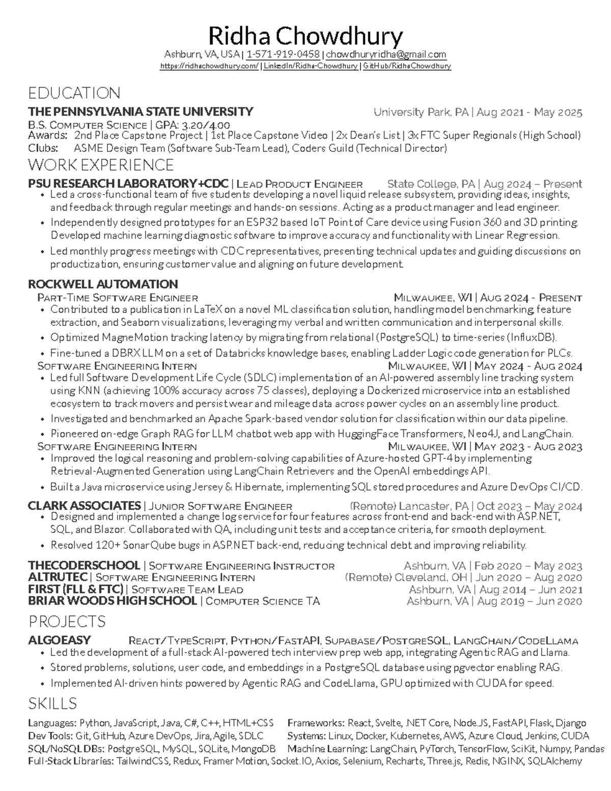 Ridha Chowdhury - Spring 2025 | Sample Resume for Computer Science ...