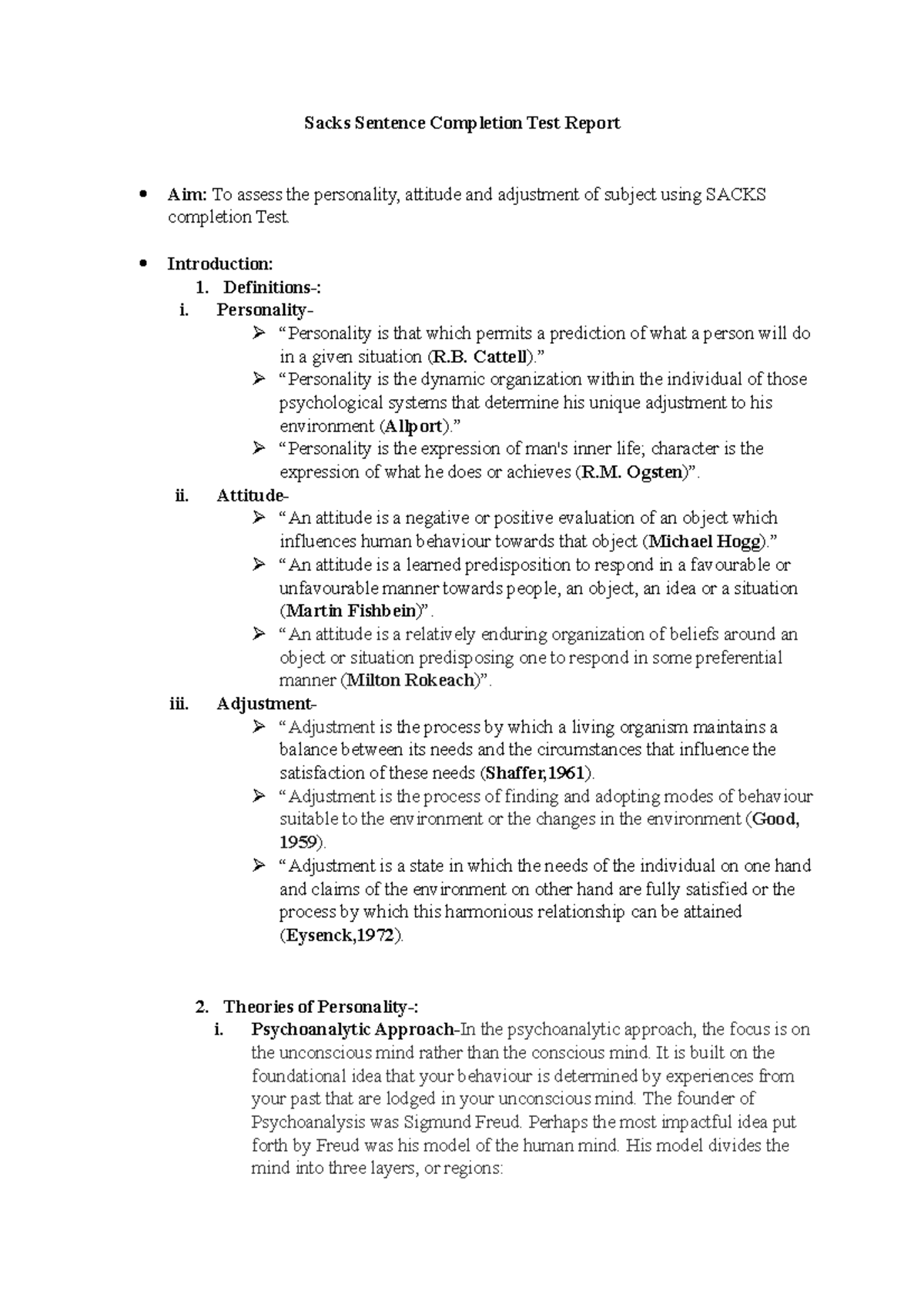 Sacks Sentence Completion Test Analysis Report (SSCT) - Studocu