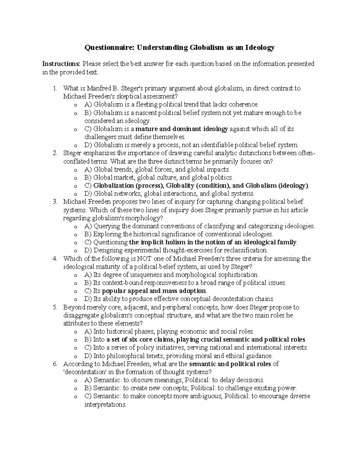 Questionnaire: Understanding Globalism as an Ideology (Course Code ...