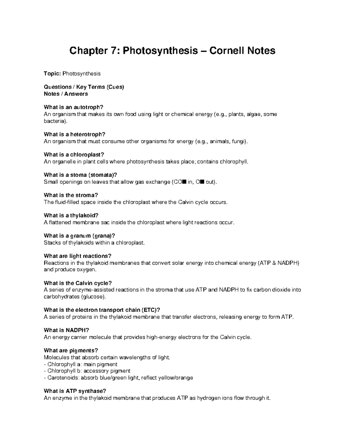 Final Exam Notes: Photosynthesis (BIO101) - Key Concepts & Processes ...