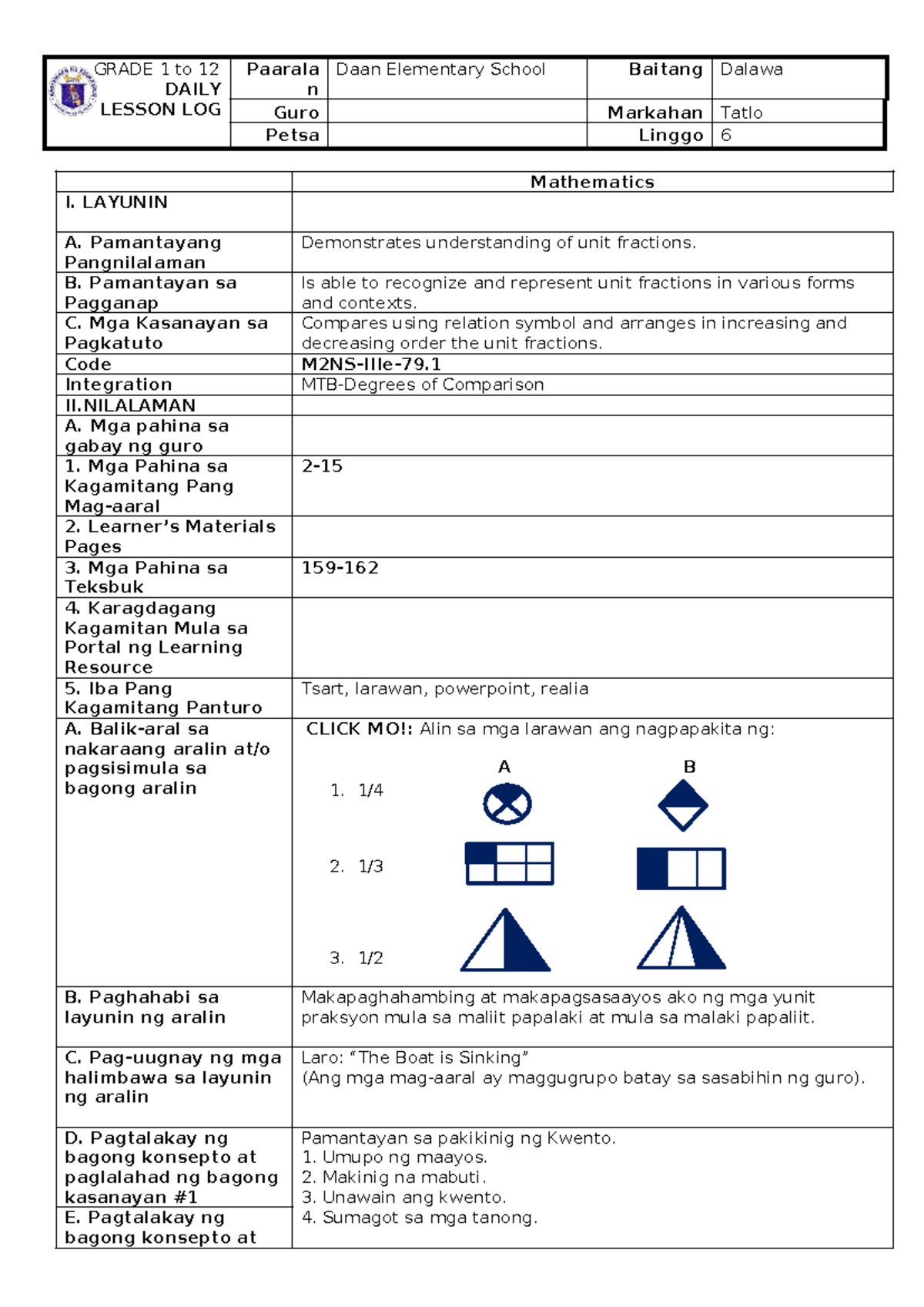 COT-MATH 2: Daily Lesson Log for Grade 2 Mathematics - Studocu