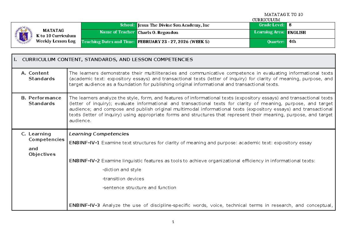 DTC DLL Matatag English 8 Weekly Lesson Log - Quarter 4, Week 5 - Studocu