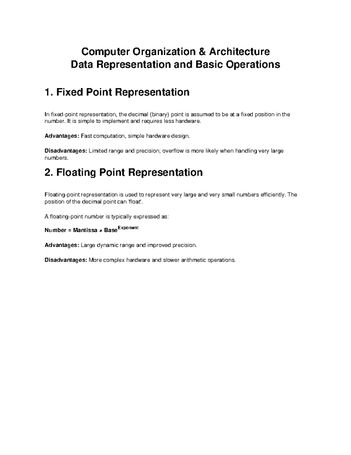 COA Data Representation Notes: Fixed & Floating Point Overview - Studocu