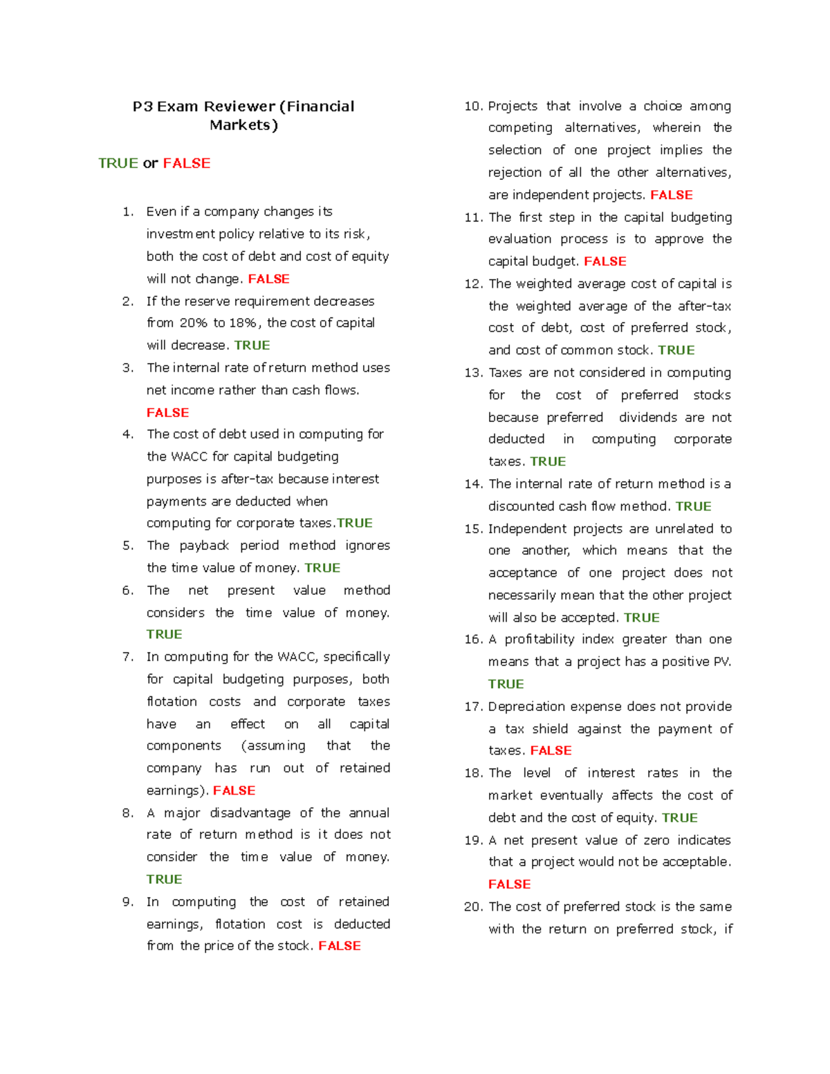 P3 Exam Reviewer: Capital Budgeting & Financial Markets Concepts - Studocu