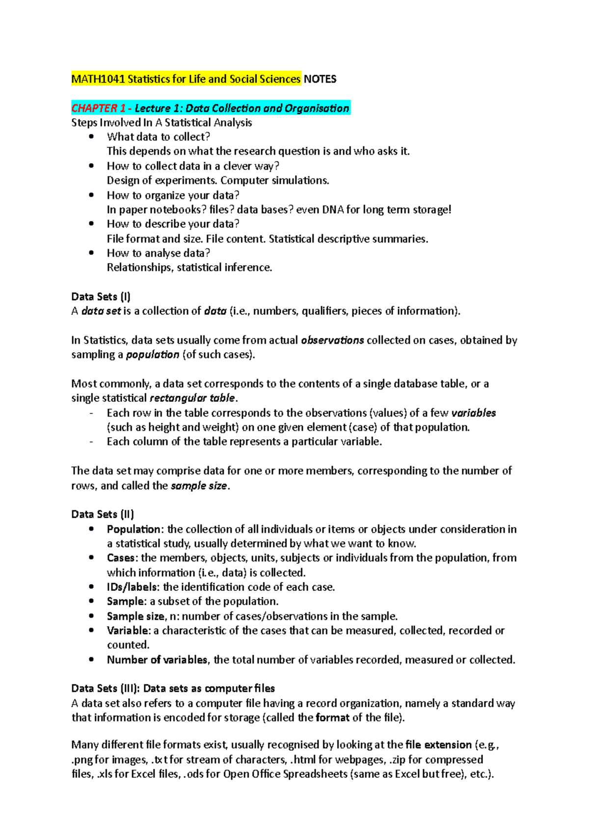 MATH1041 Lecture Notes: Data Collection, Analysis, and Probability ...