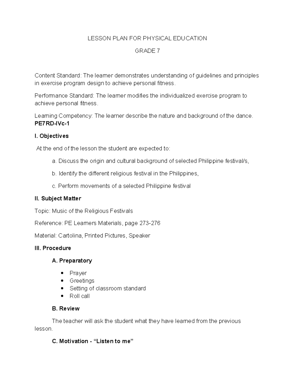 Festival Grade 7 Narra - Lesson Plan - LESSON PLAN FOR PHYSICAL ...