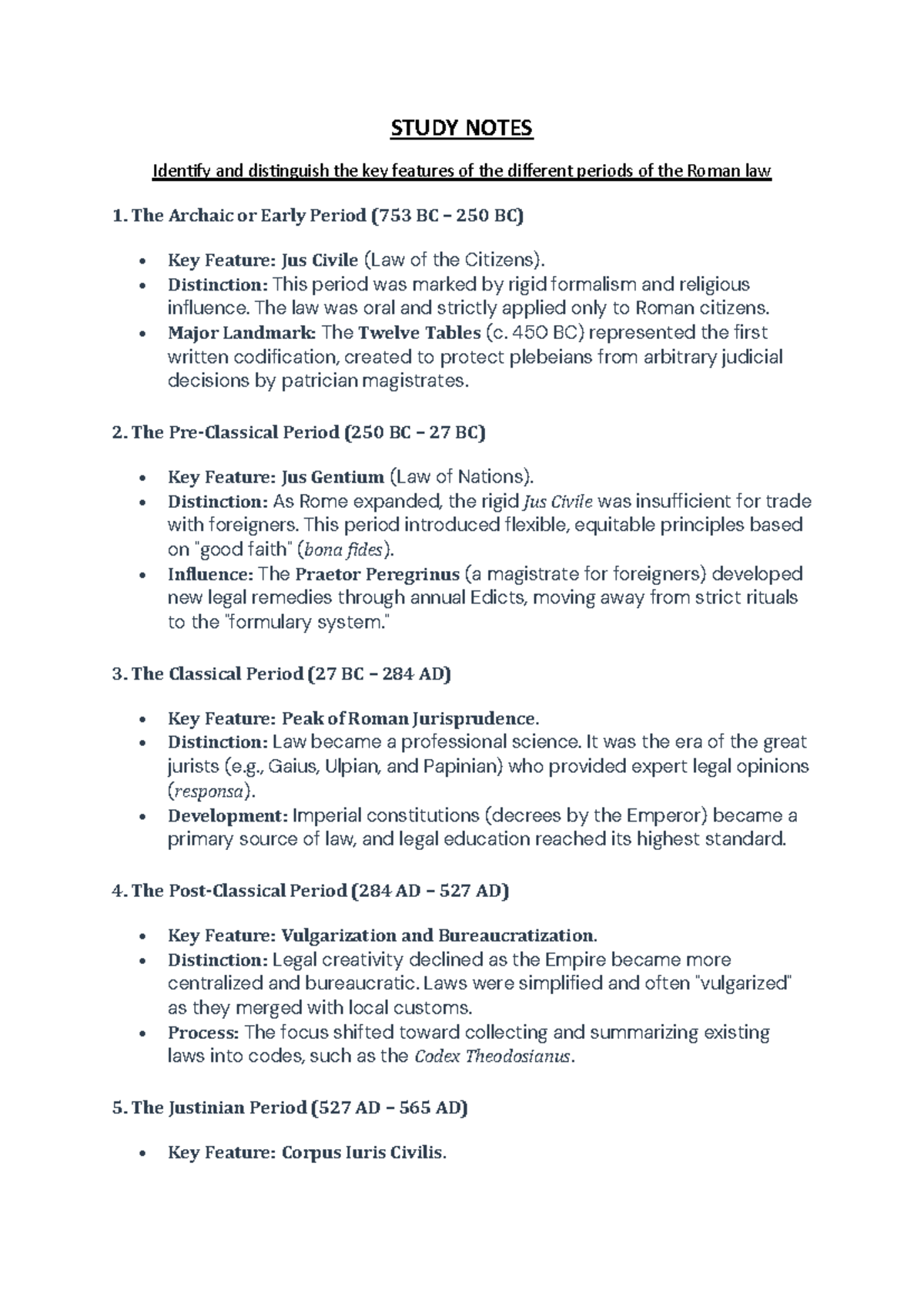 Roman Law Study Notes: Key Periods Overview - Studocu