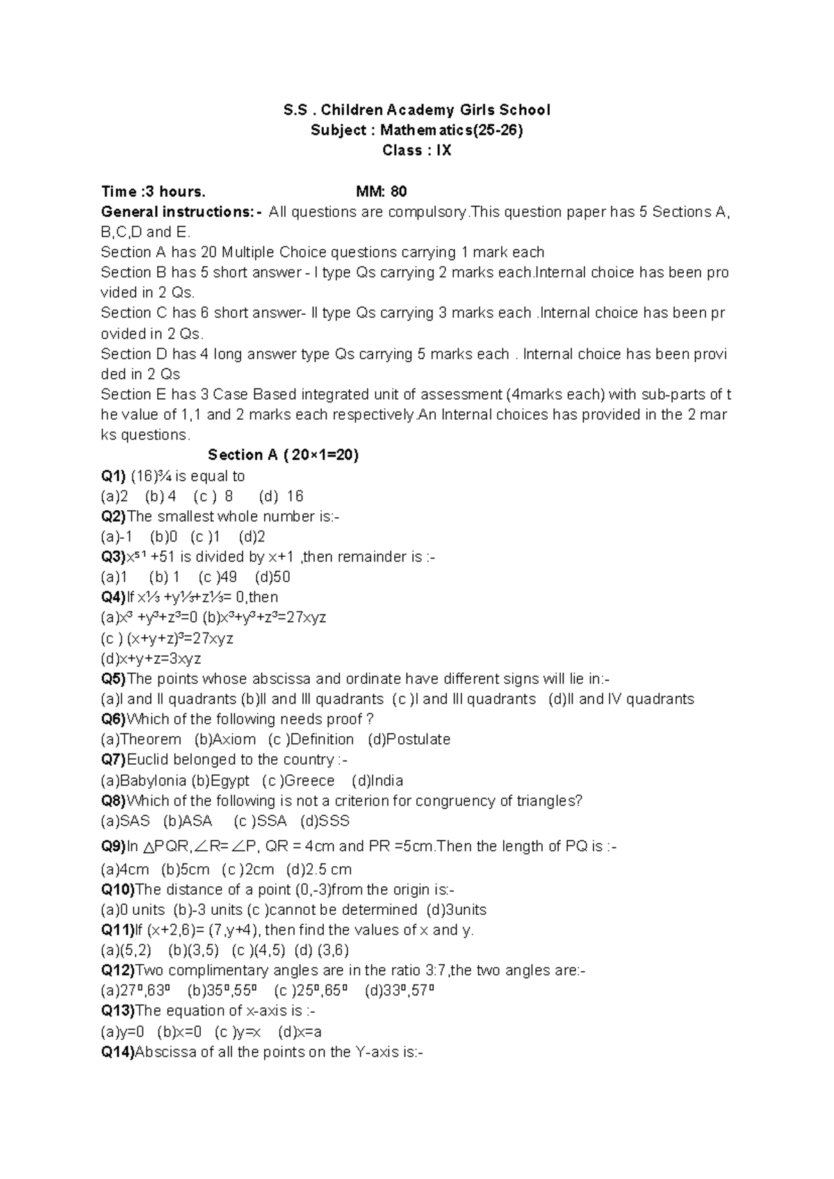 Mathematics Class IX Question Paper - 3 Hours, MM: 80 - Studocu