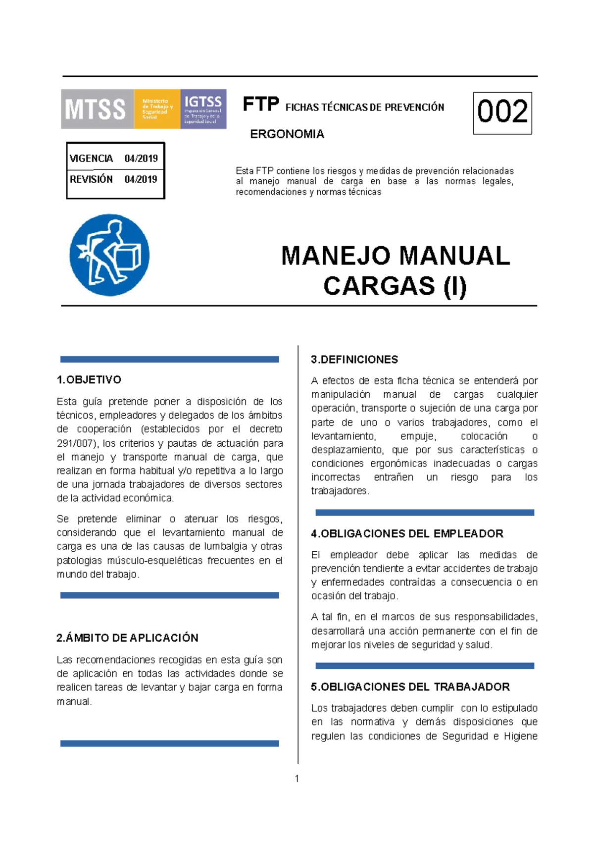 Manejo Manual de Cargas: Riesgos y Prevención - FTP 002 - Studocu