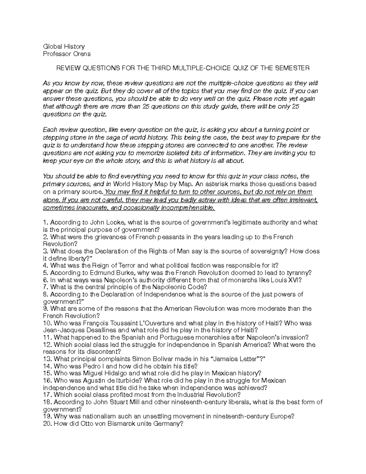 Review Questions for Global History Quiz (Course: History 101) - Global ...