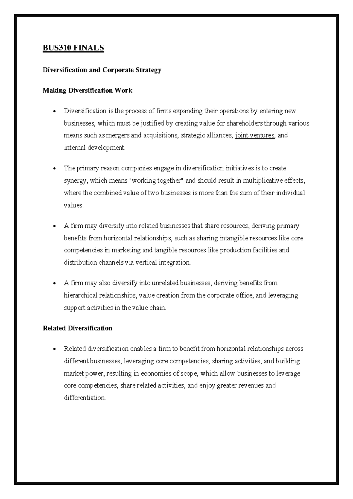 Bus310 Finals Corporate Strategy And Diversification Insights Studocu