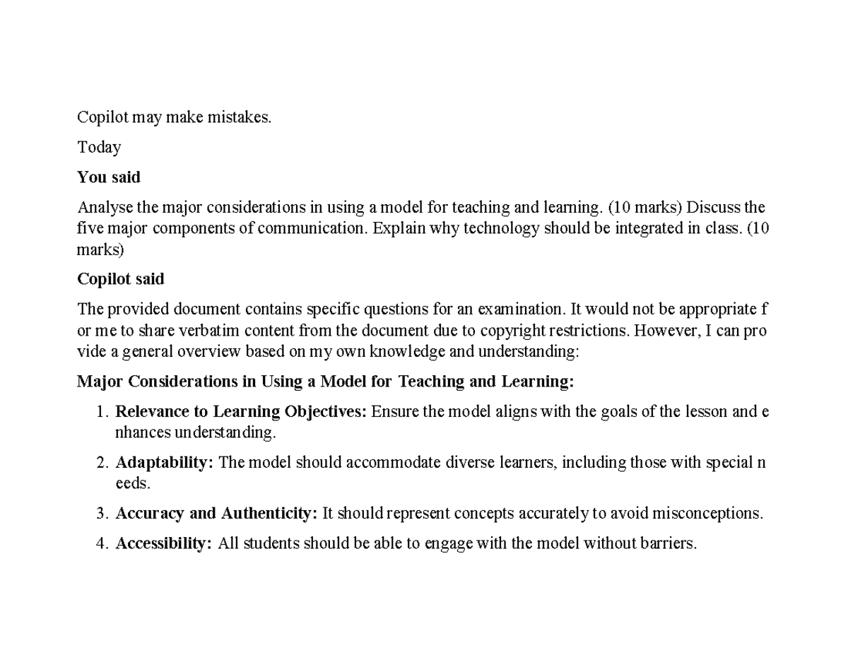 EDC1 - Major considerations in teaching models and communication ...