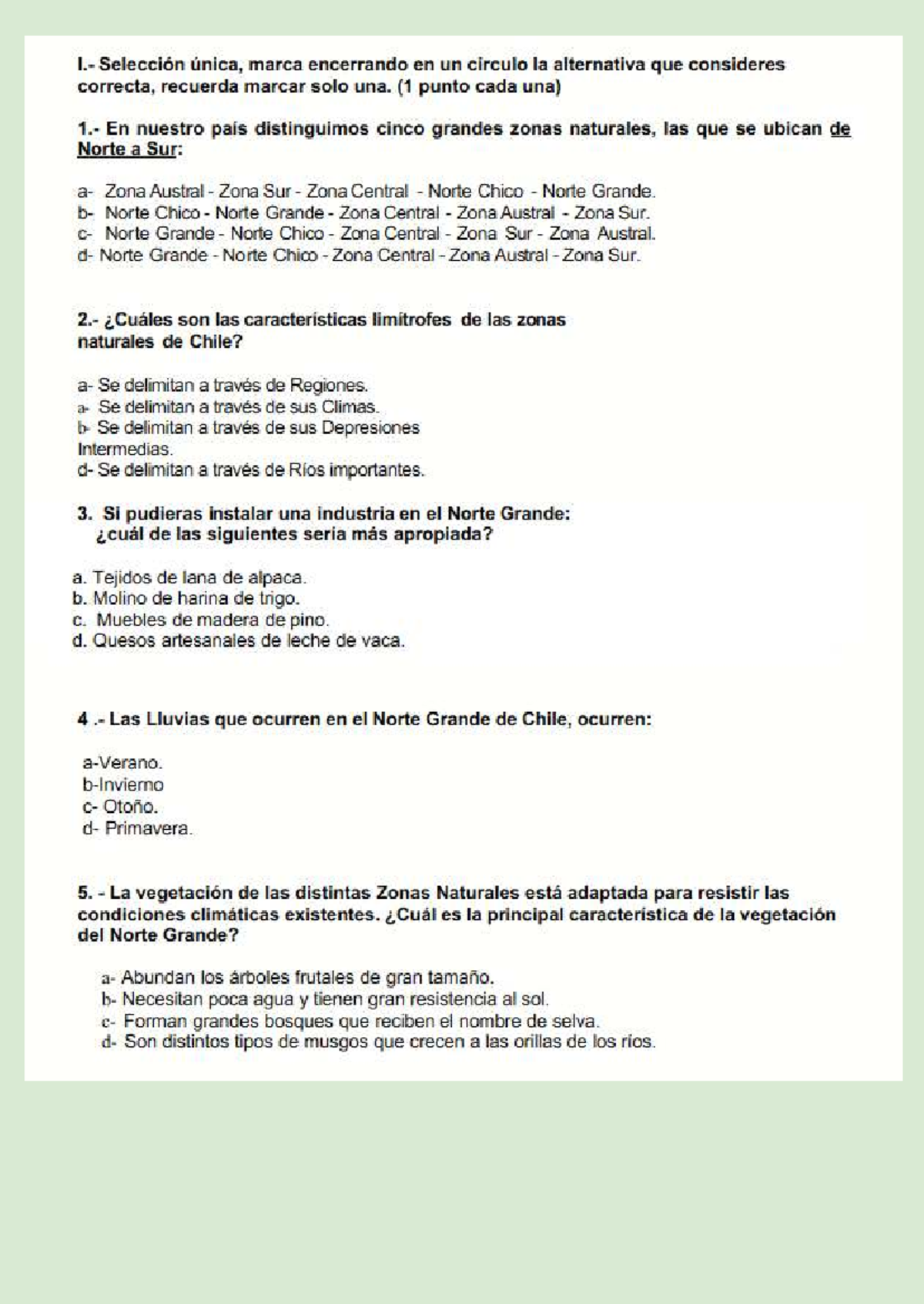 Prueba de Evaluación: Zonas Naturales del Norte Grande (5to Básico ...