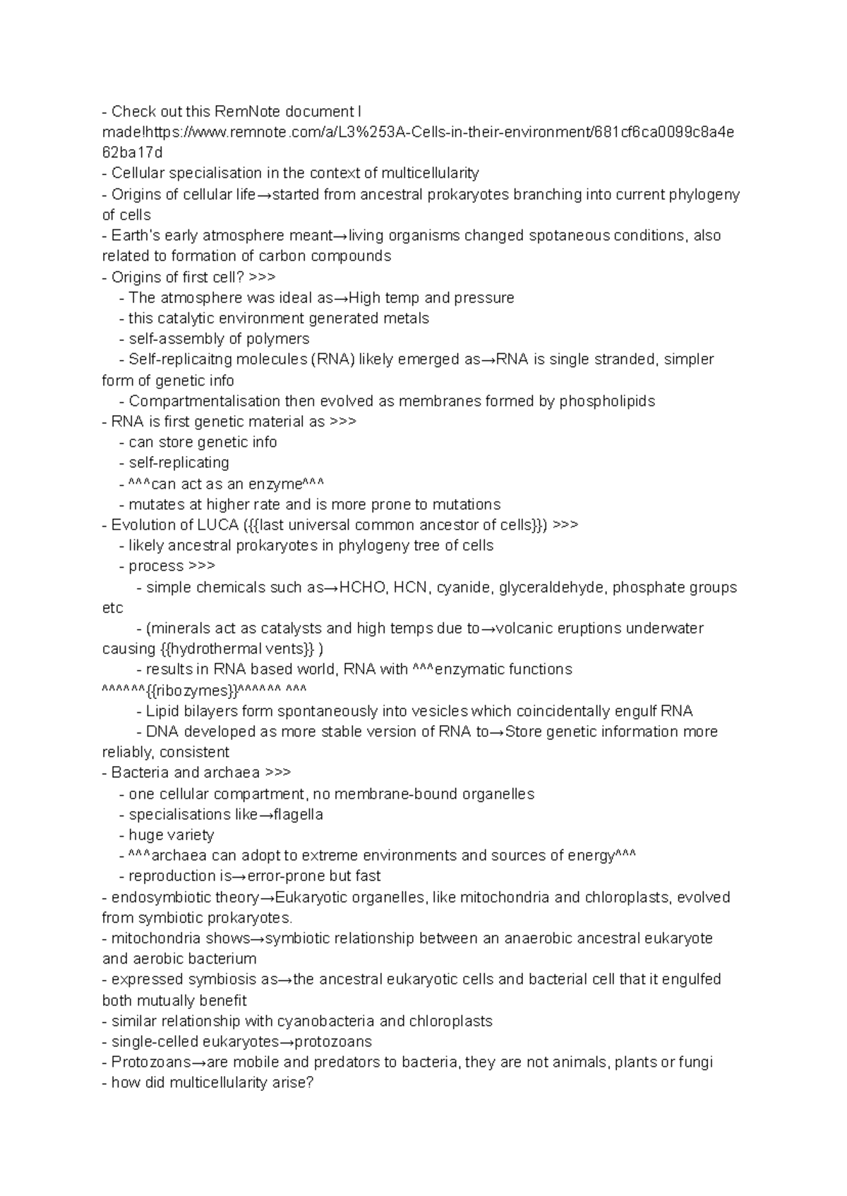 Biology 101 - Lecture Notes Summary on Cellular Evolution and ...