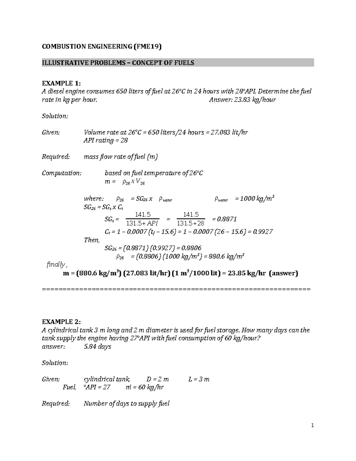 FME19 - Lecture Notes on Combustion Engineering: Examples 1-3 - Studocu