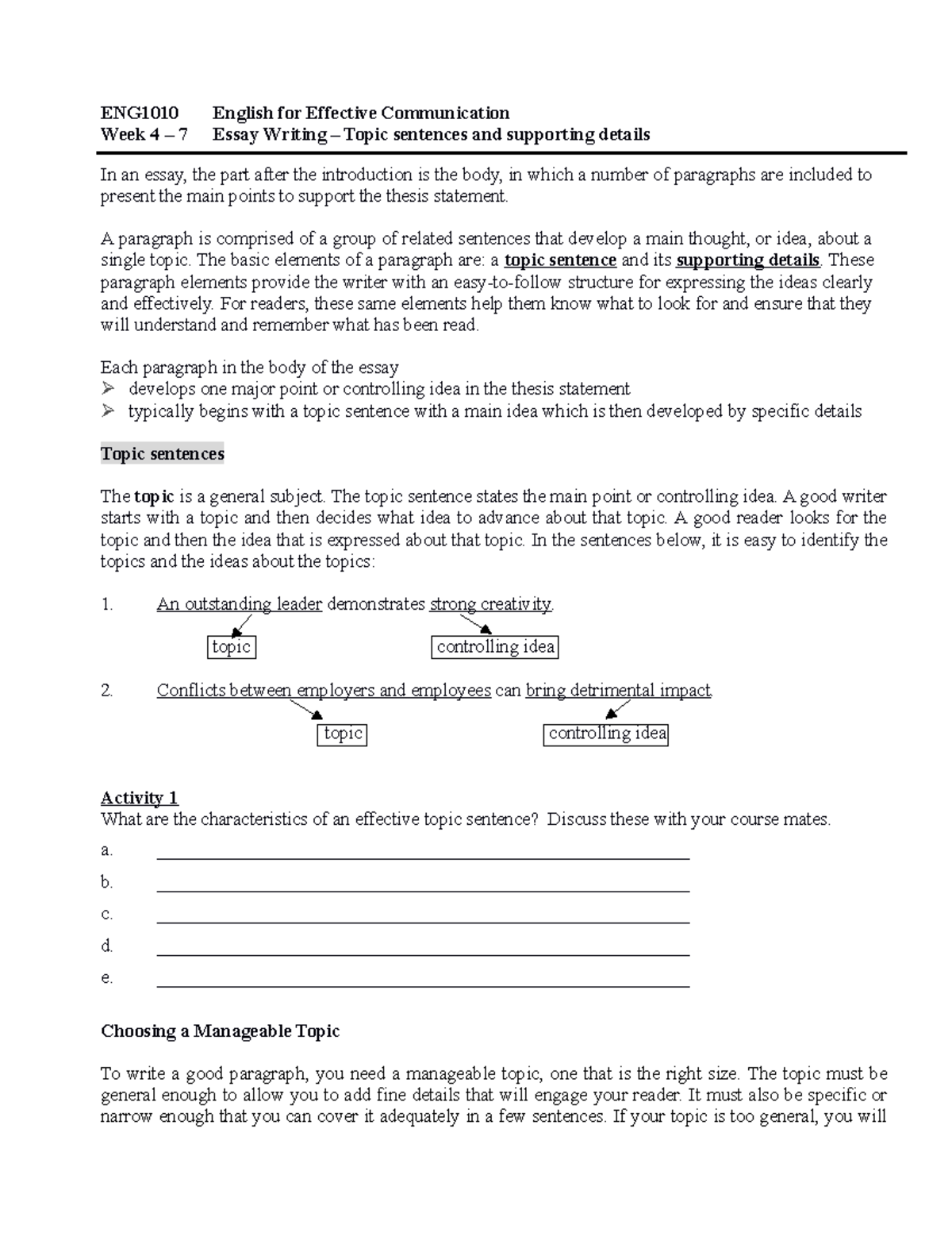 3. Topic sentences supporting details) For EnG - ENG1010 English for ...
