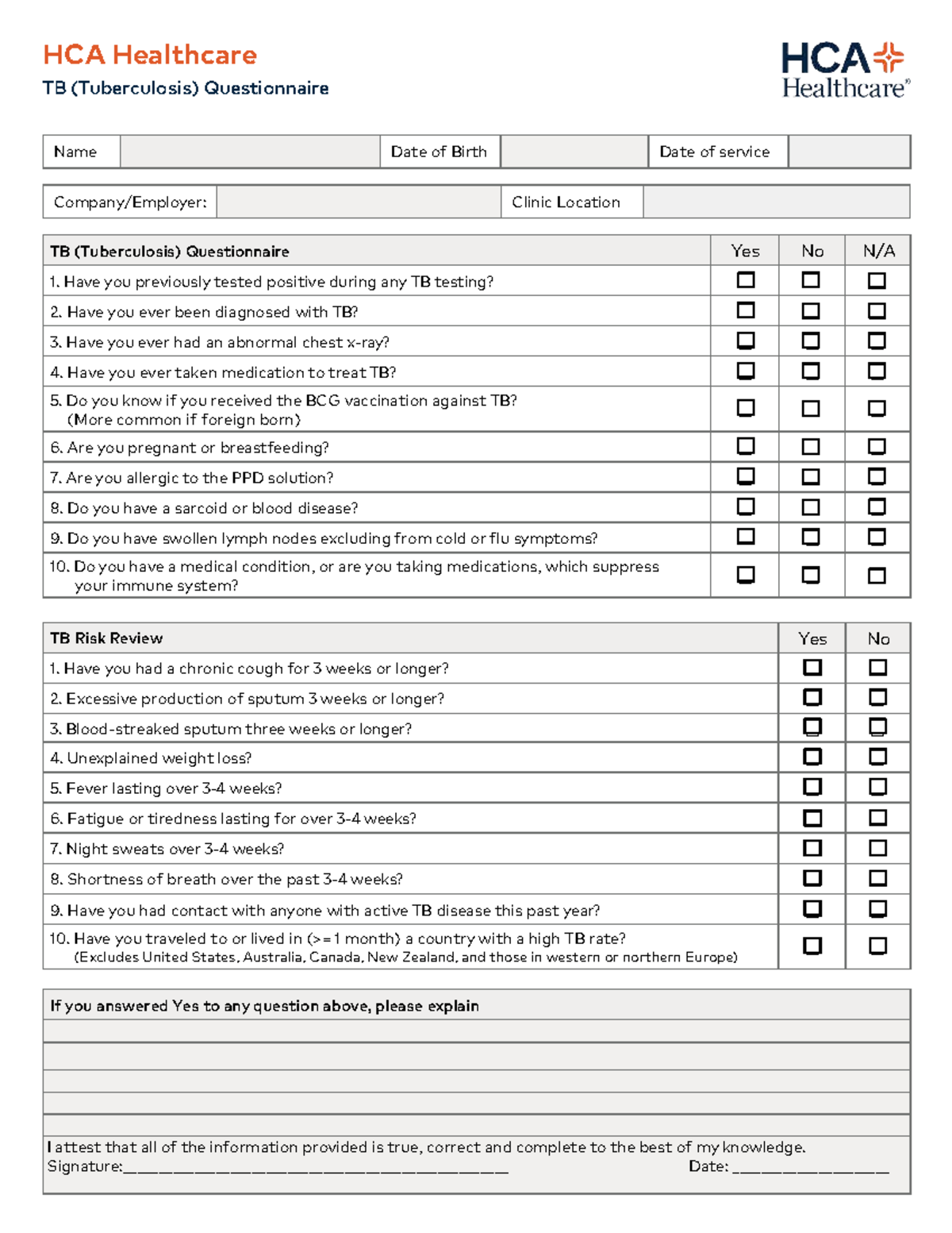 HCA West FL TB Questionnaire: Screening & Risk Assessment - Studocu