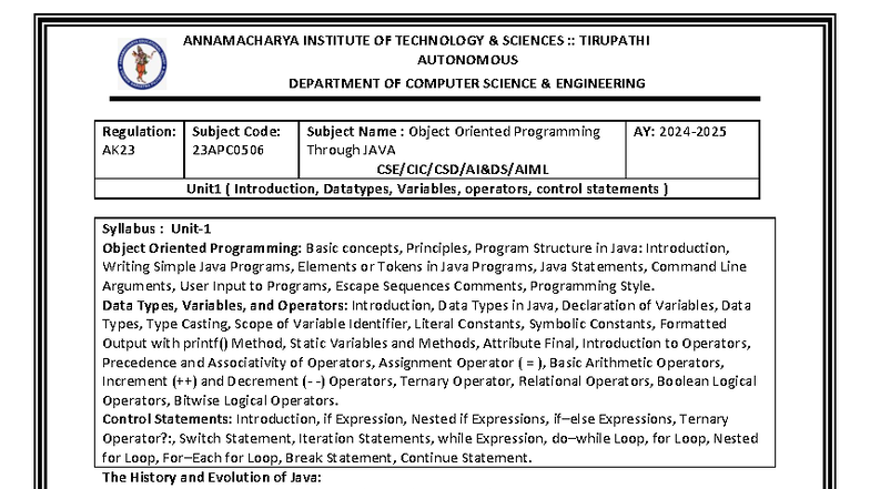 AK23 23APC0506 Object Oriented Programming: Unit 1 Overview - Studocu
